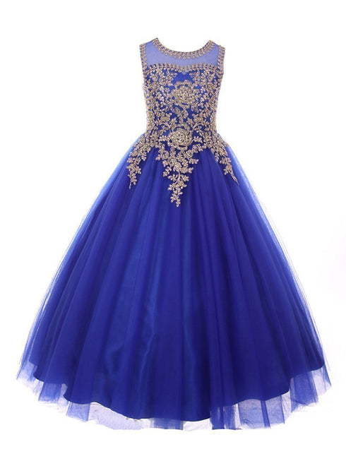 Girls Royal Blue Gold Rhinestone Cording Illusion Flower Girl Dress 4-16 - SophiasStyle.com